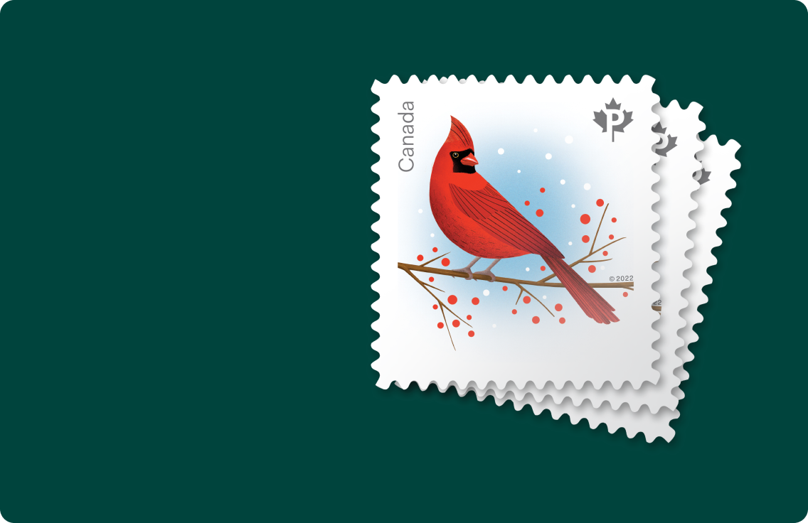 The Cardinal stamp from the Holiday Birds stamp issue.